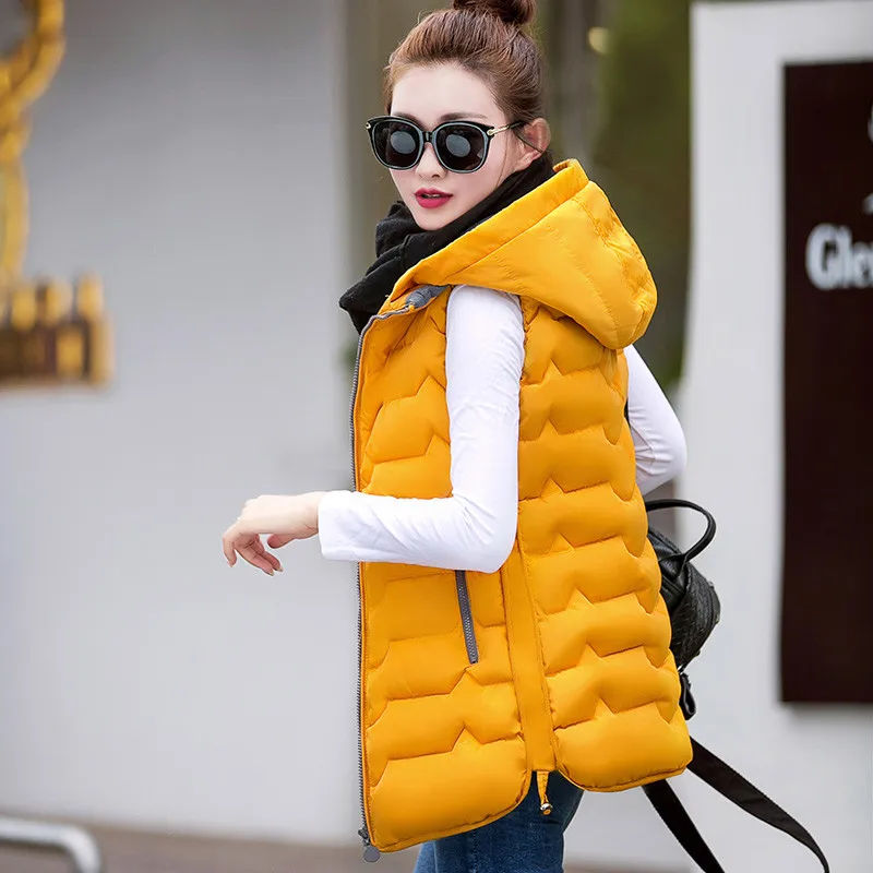 Autumn Winter Vest Women Waistcoat 2019 Sleeveless Down Cotton Vest Jacket Hood Warm Long Vest Colete Feminino Winter Coat C3448