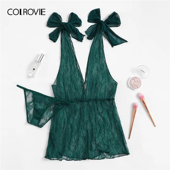 

COLROVIE Green V-Neck Knot Lace Night Dress With Thong 2019 Spring Korean Babydoll Womens Sleepwear Sexy Ladies Nightgown