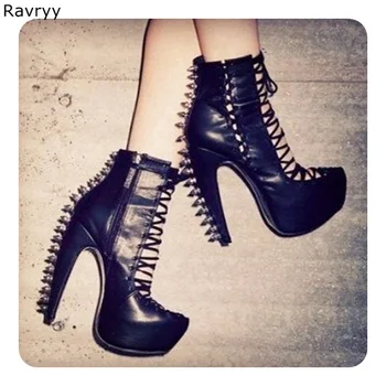 

Summer Woman black short sandal boots strange style Heel cool rivet decor lace up Model Fun Club Party female motorcycle boot