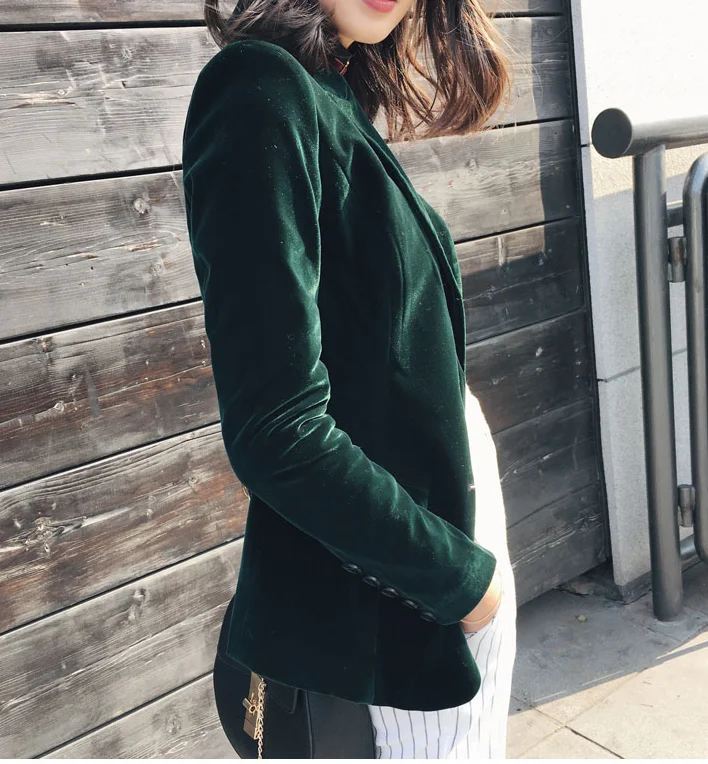 Осень, Модный женский бархатный блейзер, зеленый пиджак с длинным рукавом и карманами, корейский стиль, приталенные женские куртки, повседневные женские офисные пальто - Цвет: Зеленый