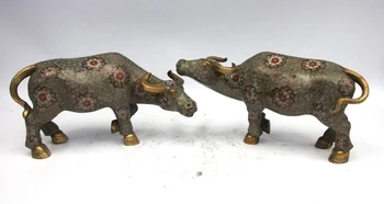

7 Chinese Bronze Copper Cloisonne Enamel Lucky Flower OX Oxen Bull toro Statue