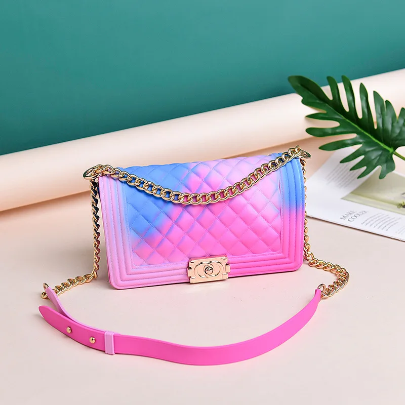 

2019 New Summer Holiday Colorful Beach Bags Diamond Lattice Chain Shoulder Messenger Bags Women Purse and Handbags