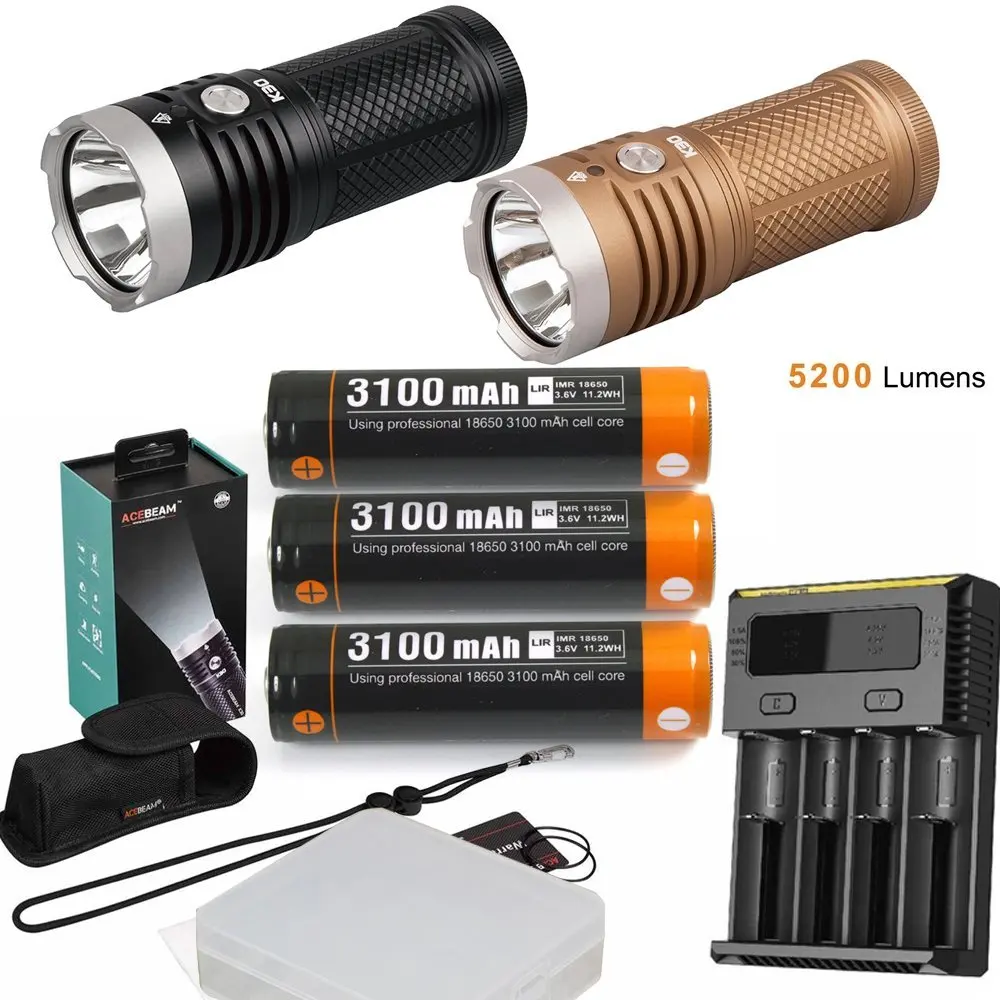 

ACEBEAM K30 Cree XHP70.2 LED 5200 Lumens 374 m Flashlight Torch + 3 X Acebeam IMR 18650 3100MAH battery + NITECORE I4 charger