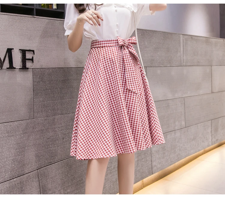 New Korean Chic Plaid Lace-Up High Waist Umbrella Skirt Women Summer Casual A-line Knee-length Skirts Womens Midi Skirt