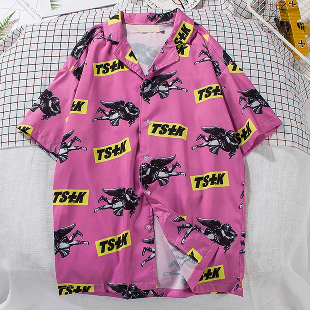 

New Male Pink Hawaiian Beach Shirts Summer Short Sleeve Printing Loose Vacation Shirts Lapel Ins Loose Shirt Dropshiping
