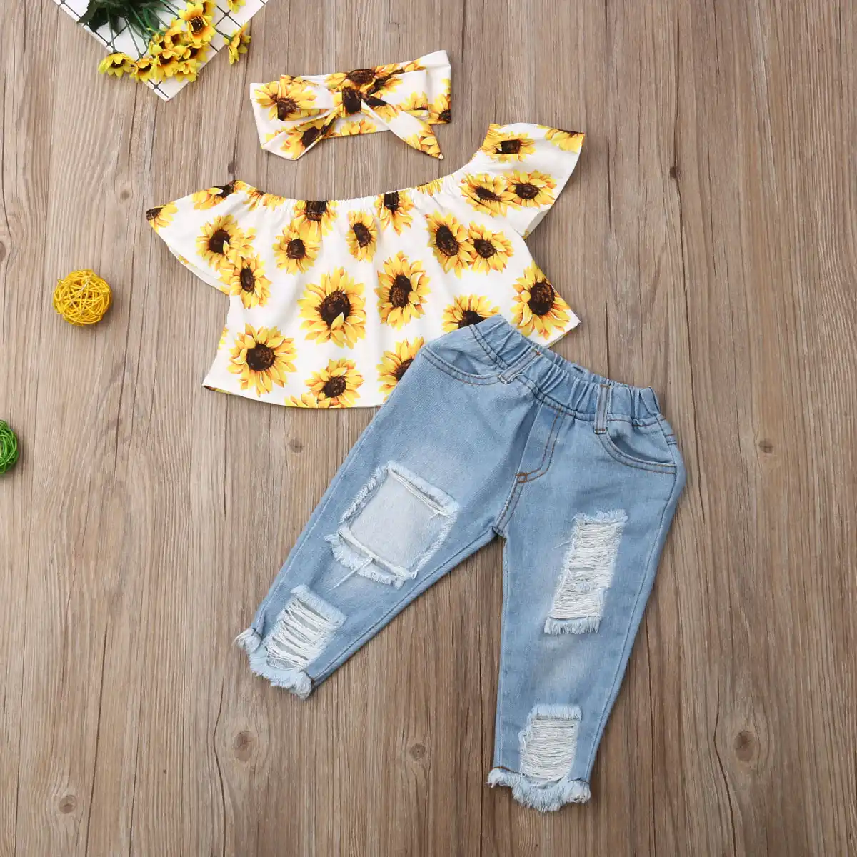 Toddler Baby Girls Clothes Off Shoulder Sunflower Tops Ruffle Blouse Ripped Denim Jeans Bowknot Headband 3Pcs Outfits