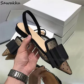 

Lace Ballet Shoes Woman Flats Heels Slingback Sandals Dot Mesh Wedding Shoes Big Bow Pointy Toe Summer Chaussures Femme