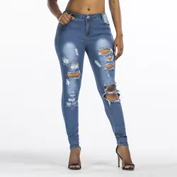 Для женщин Рваные джинсы пикантные узкие джинсовые штаны джинсы модные повседневные штаны Mid Штаны с высокой посадкой плюс размер рваные