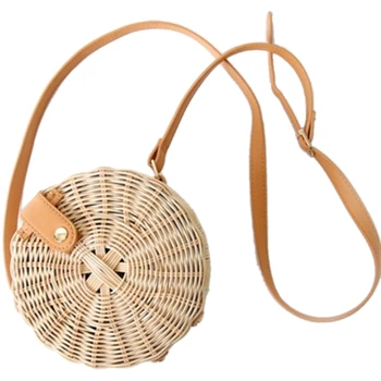 

New Women Straw Bag Bohemian Bali Round Straw Rattan Bag Wicker Circle Beach Handbag Handmade Kintted Shoulder Bags
