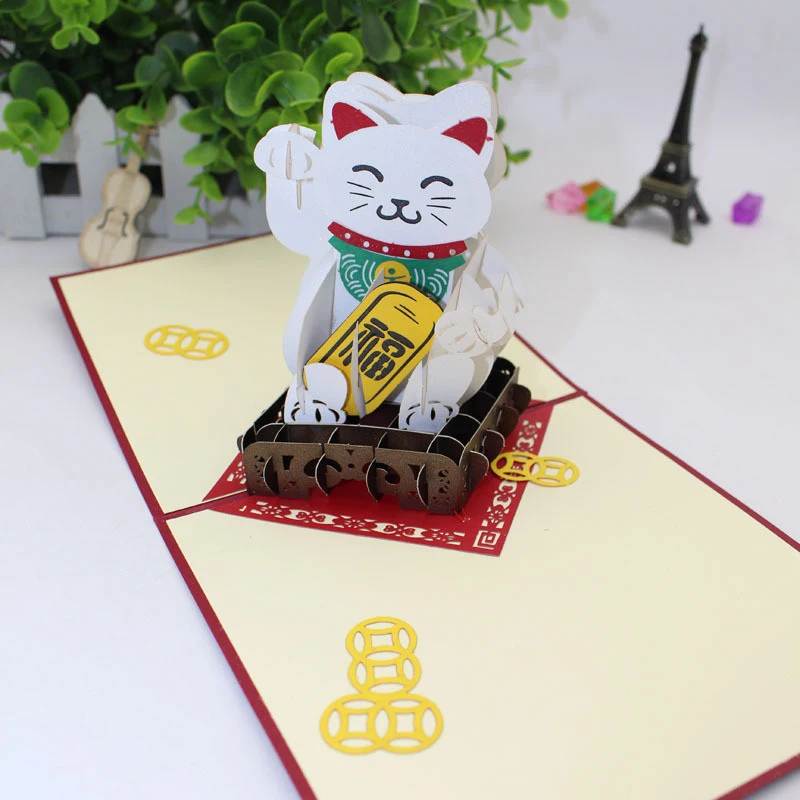  3D laser card Handmade Carving Blessed Lucky Lovely Japanese Fortune Cat Paper Invitation Greeting  - 32856986282
