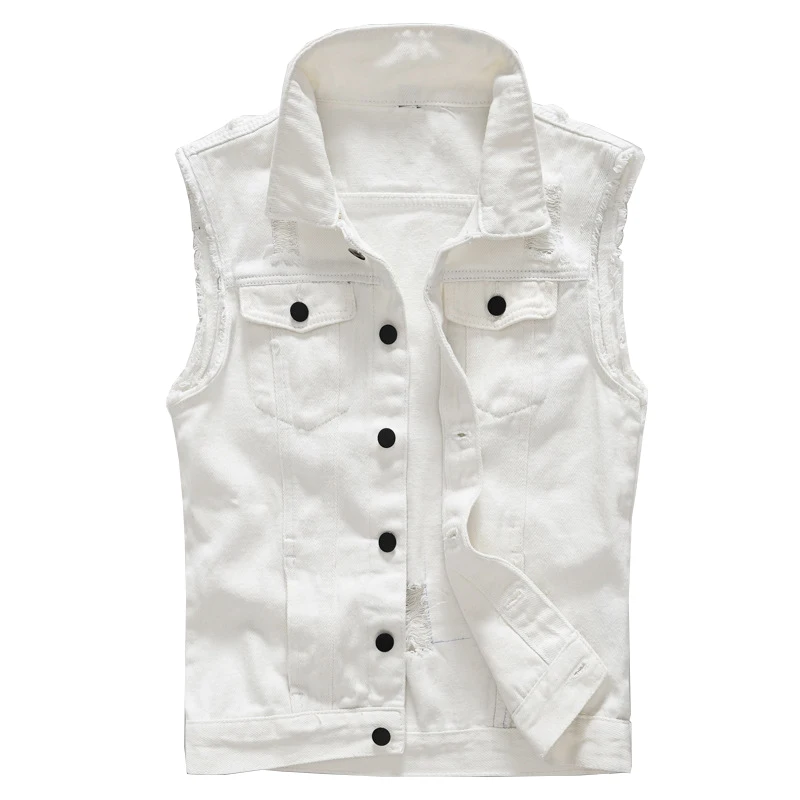 

Sokotoo Men's slim fit white denim vest Black buttons holes ripped jean waistcoat Tank top