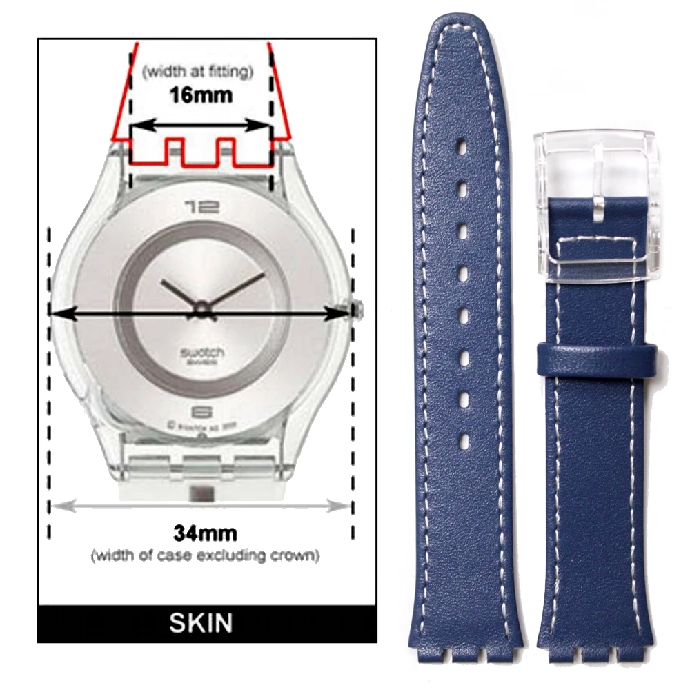 

16mm Genuine Leather Replacement Blue Watch Band fits Swatch Skin WB1068F16GB