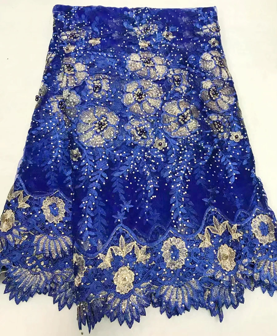 

2018 African Lace Fabrics Embroidered Nigerian Royal Blue Guipure Cord Lace Fabrics High Quality French Lace Fabric With Stones