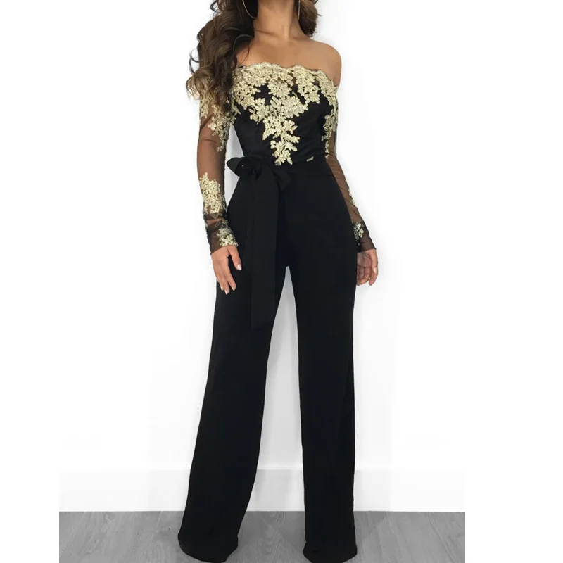 New Fashion High Waist Sexy Clubwear Jumpsuits Flower Embroidery Off Shoulder Wide Leg Jumpsuit For Women