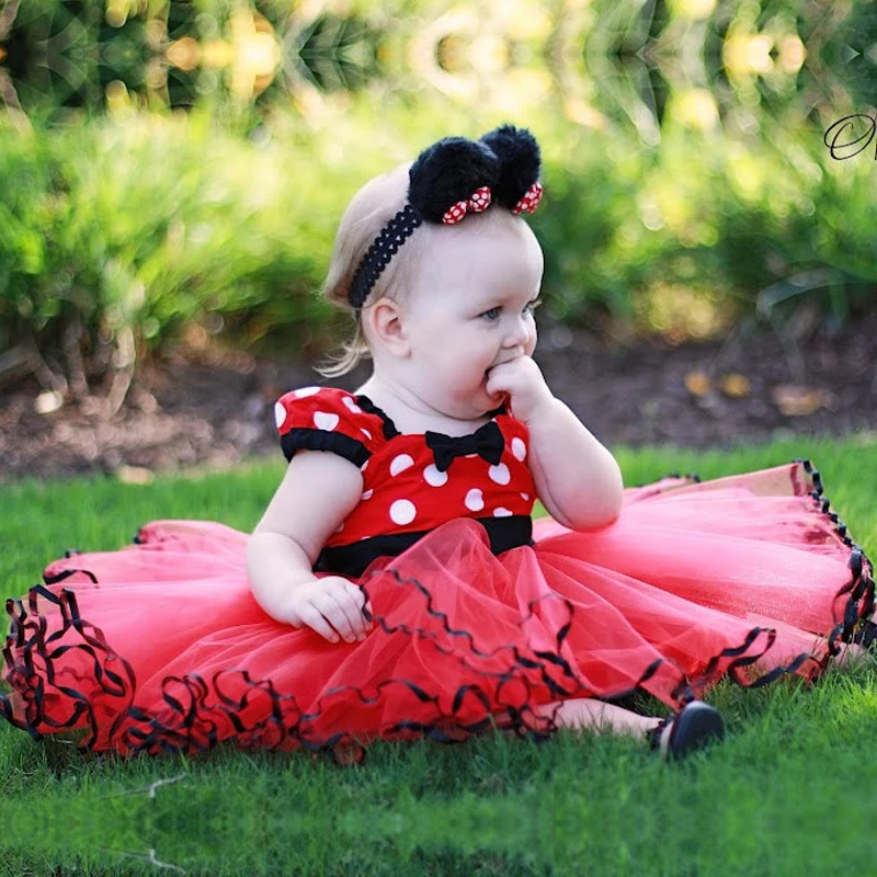 Нарядное детское платье с рисунком мышки для маленьких девочек, костюм для Маскарадного костюма, красные платья-пачки в горошек для девочек, первый день рождения, одежда для малышей
