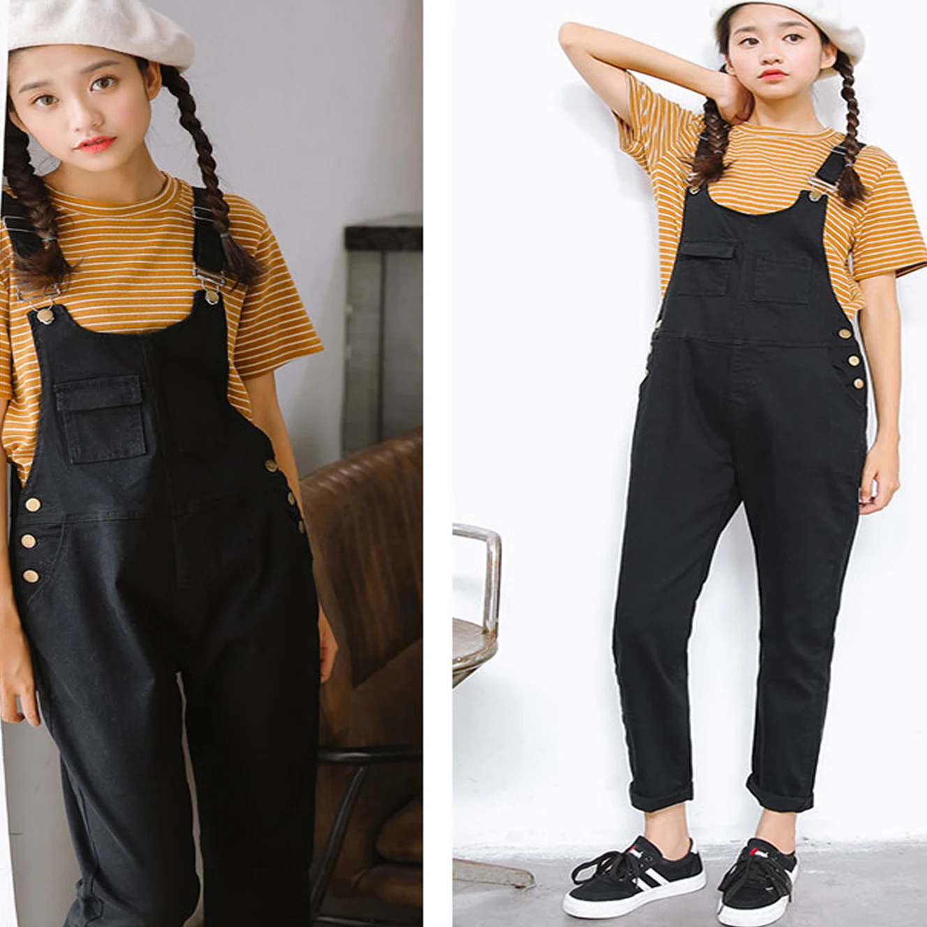 Plus Size Oversized Suspender Button Cargo Pocket Slim Pencil Stretch Denim Overalls Women Girl