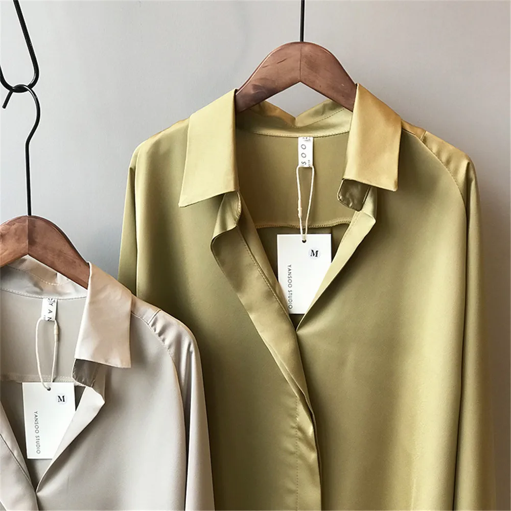 Высокое качество, имитация шелка, блузка, подходит ко всему, женские атласные блузки, офисные, с длинным рукавом, Femme, v-образный вырез, свободные, уличные рубашки 0322