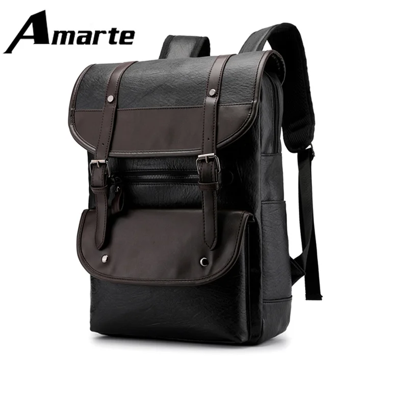 

2019 PU Men School Bags Travel Backpack Solid Hasp Vintage Patent Leather Luxury Backpack Waterproof Backpack Men Amarte