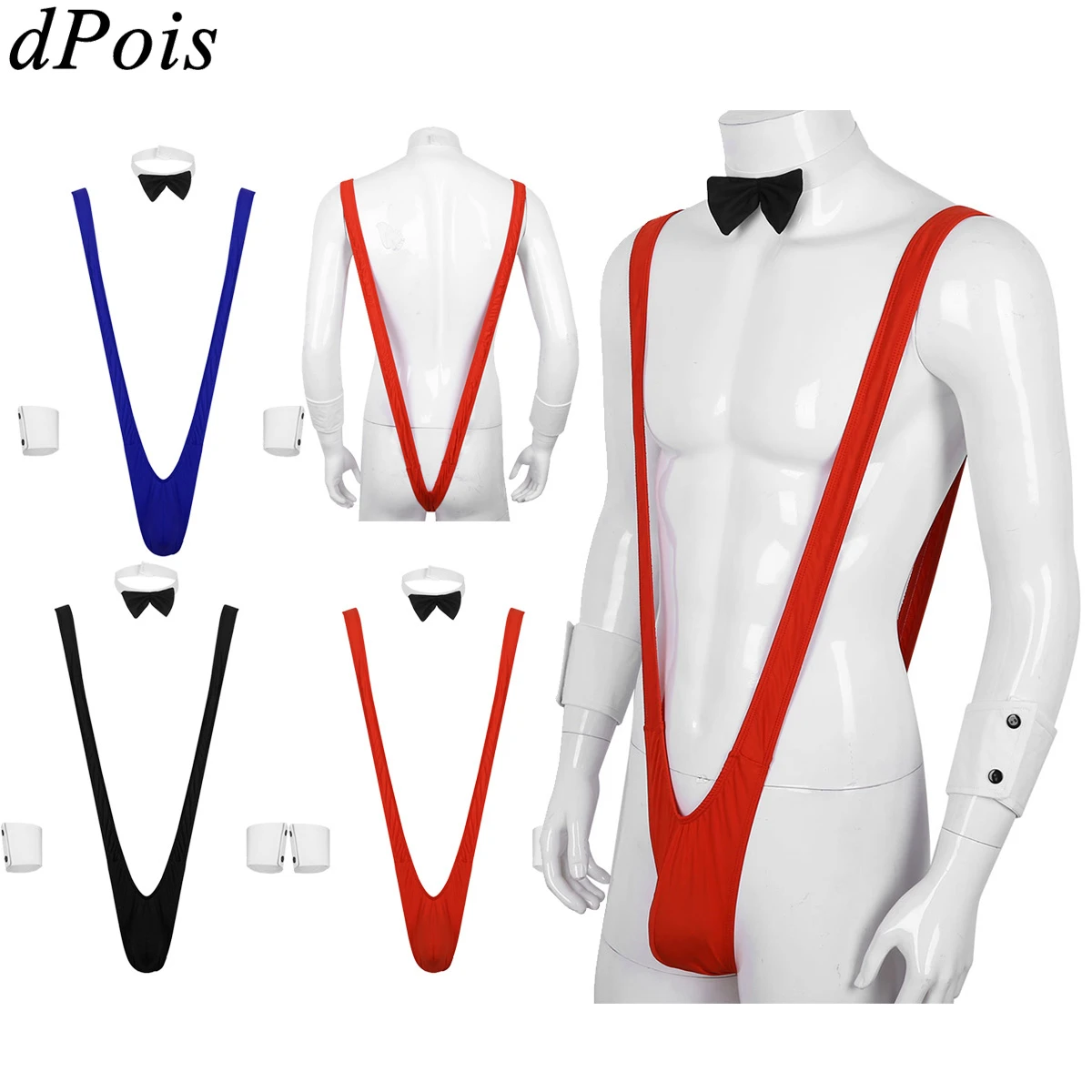 3pcs Men Borat Mankini V Sling Shape Thong & Bowtie & Cuffs Suspender