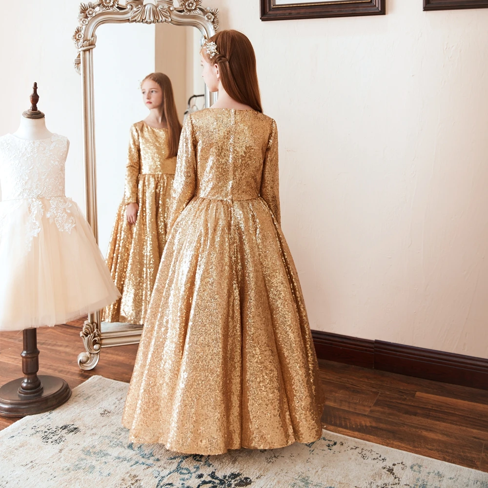 Великолепное платье с цветочным узором для девочек, расшитое золотыми блестками; детское платье трапециевидной формы с длинными рукавами и круглым вырезом; платье в пол для свадебной вечеринки; платье принцессы
