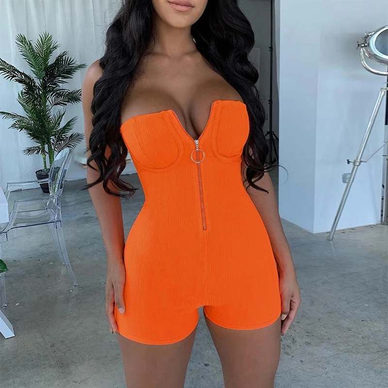

InstaHot Orange Zip Up Front Tube Playsuit Strapless Bodycon Sexy Women Summer Romper Streetwear Femme 2019 Jumpsuit Skinny Body