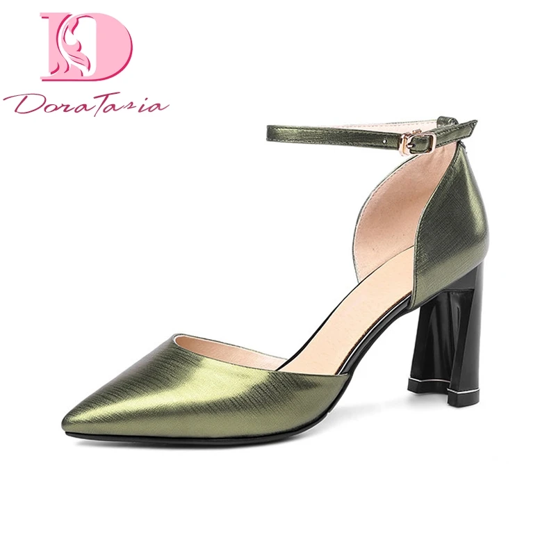 

DoraTasia New women Genuine Leather High Heels Ankle Strap Solid Shoes Woman Casual Summer Sandals Big Size 33-43