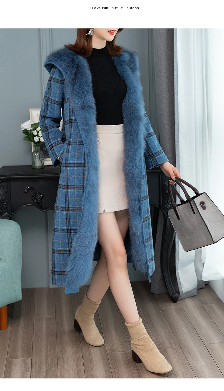 Зимнее толстое теплое двухстороннее шерстяное пальто для женщин с капюшоном, клетчатое кашемировое пальто, съемная подкладка из натурального Лисьего меха, длинная верхняя одежда