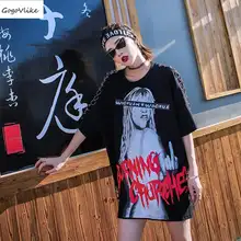 Панк Топ Летние черные топы в стиле хип-хоп Для женщин футболка выдалбливают плюс Размеры рубашки девушка хлопок металлическое кольцо Топы harajuku LT109S30