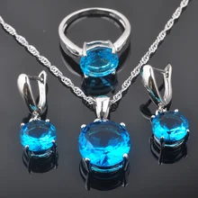 FAHOYO круглый Небесно-Голубой циркон женские 925 пробы Серебряные Ювелирные наборы серьги/кулон/ожерелье/Кольца QZ0220