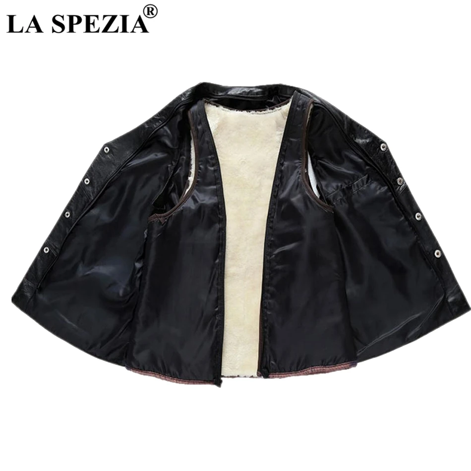 LA SPEZIA Winter Vest Women Genuine Leather Warm Waistcoat Ladies Wool Detachable Biker Real Leather Black Sleeveless Jackets