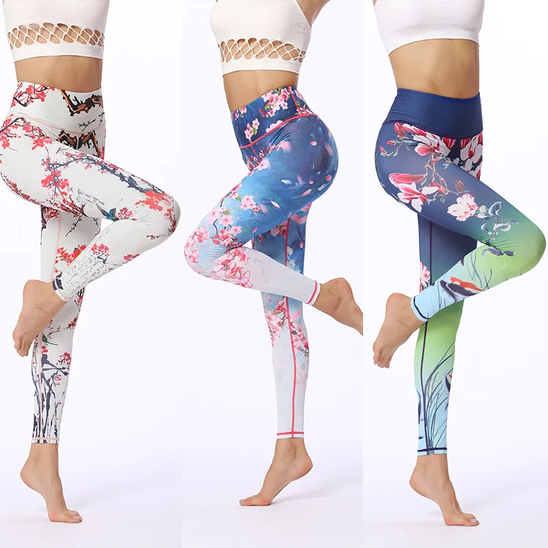 Женские штаны для йоги с высокой талией, супер-эластичные дышащие леггинсы с 9 точками, с цветочным принтом, для тренировок, для бега, тонкие брюки, новинка