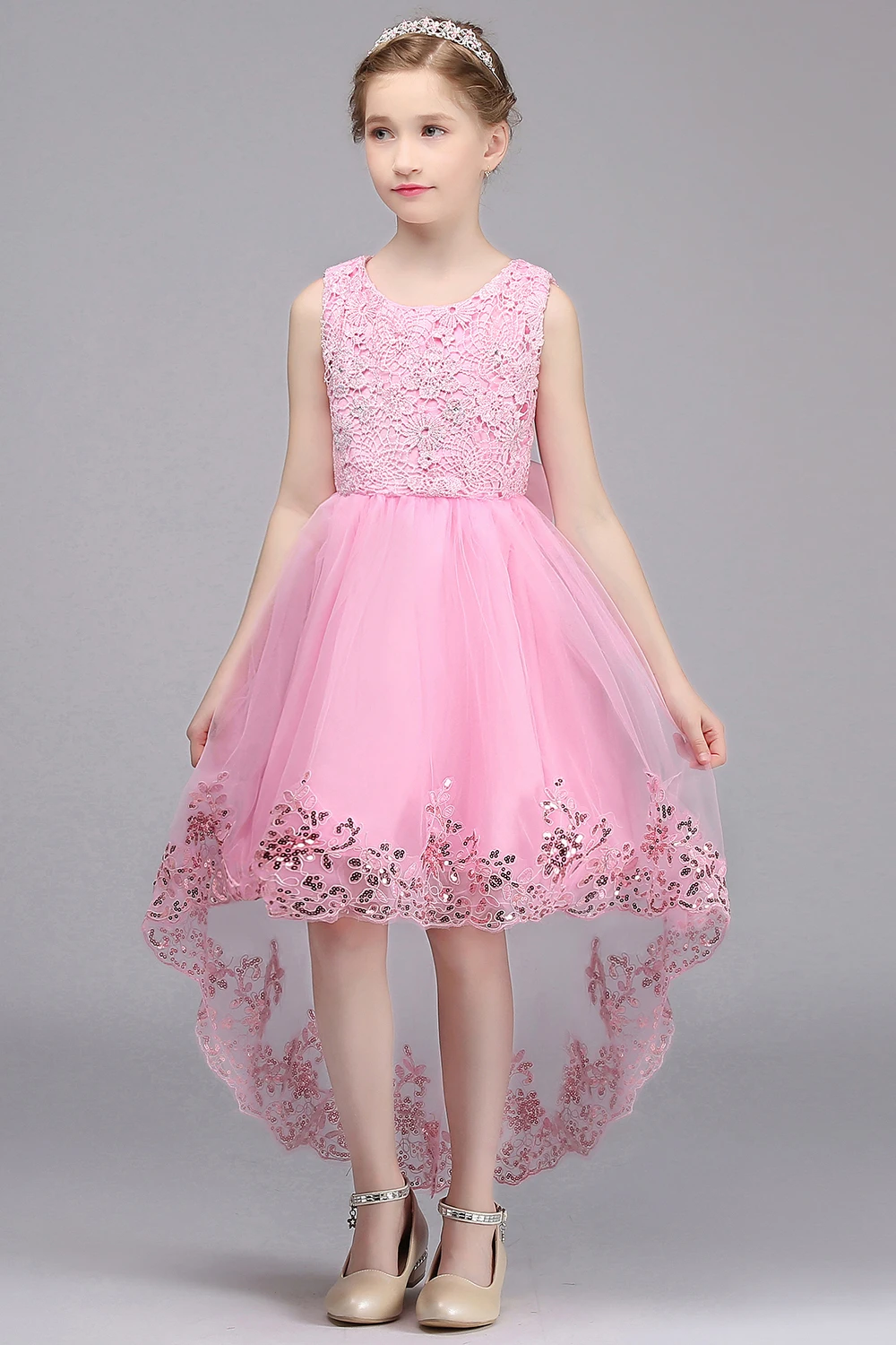 Симпатичные розовые кружевные платья с цветочным узором и блестками для девочек Тюлевые платья для выпускной церемонии Бальное платье для детей Нарядные платья для девочек
