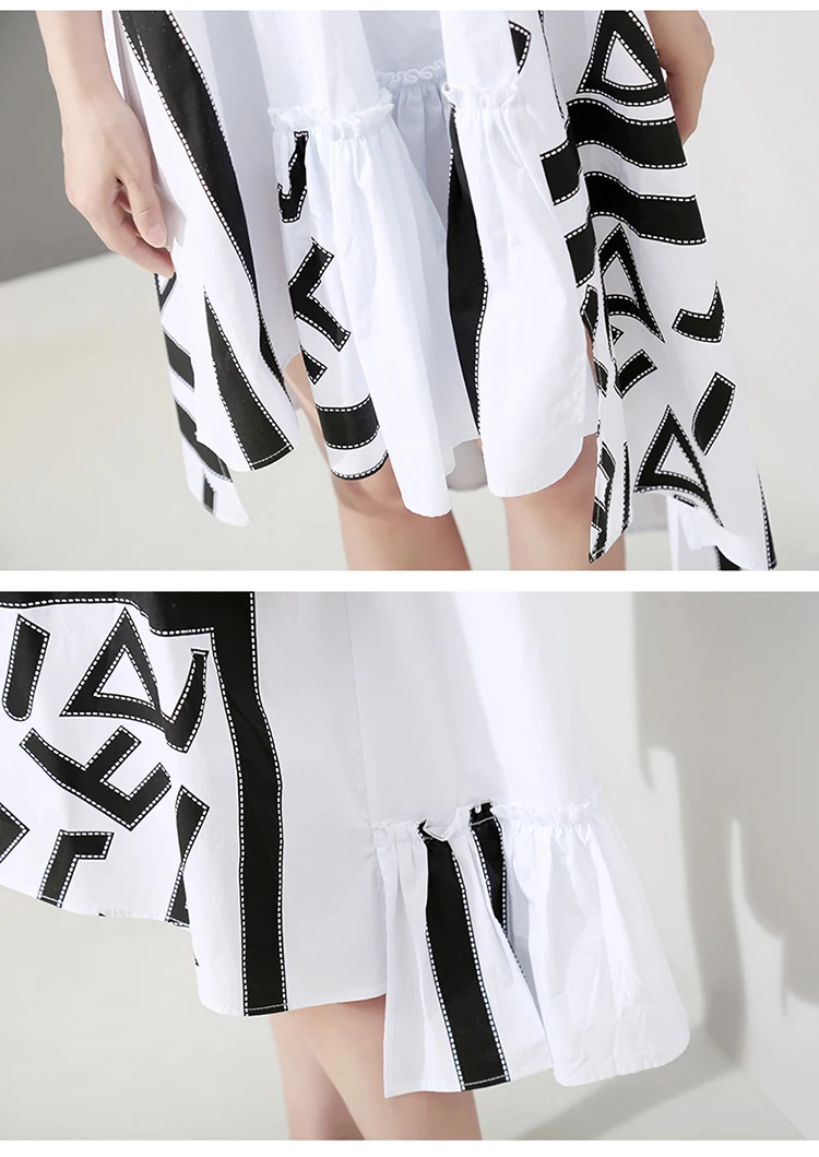 Корейский стиль женское летнее стильное белое платье-рубашка с геометрическим принтом для девушек размера плюс повседневное подиумное платье миди милое платье 5114