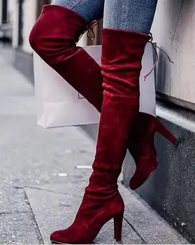 

Abesire 2019 Women Flock Slip-on Over-the-knee Boots Girls Elastic Band Pointed Toe Slim Boots Ladies Square High Heels Shoes