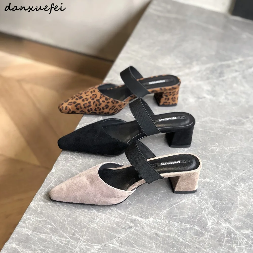 

Women's genuine suede leather leopard high heel slides pointed toe slip-on ladies elegant summer sandals high quality mules shoe