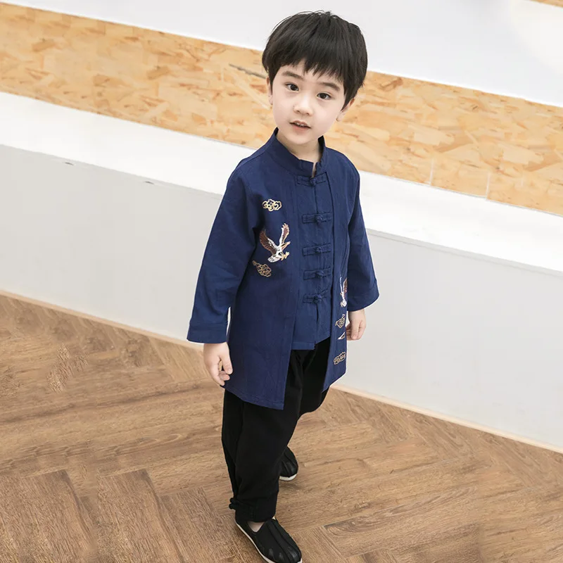 Модная одежда для мальчиков, костюмы, рубашка+ штаны, комплекты из 2 предметов, комплект детской одежды с длинными рукавами, китайский Детский костюм в стиле ретро - Цвет: deep blue