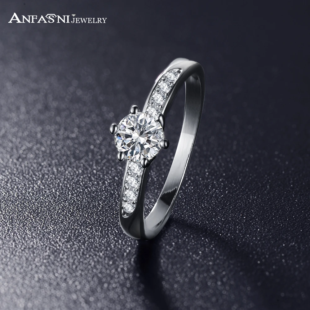 

ANFASNI Wedding Rings Real Silver Color Genuine SWA Stellux Bridal Ring Inlay Clear Austrian Crystal CRI0049-B