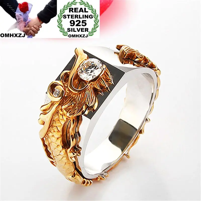 

OMHXZJ Wholesale European Fashion Woman Man Party Wedding Gift Dragon AAA Zircon 925 Sterling Silver 18KT Yellow Gold Ring RR399