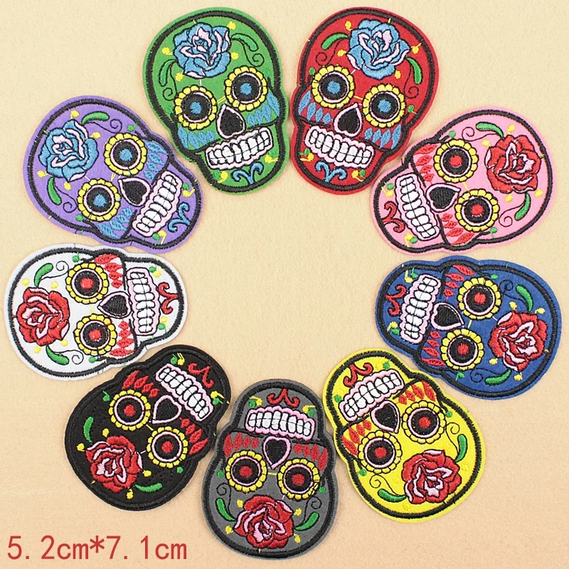 

Punk Rock Skull Embroidery Patches Various Style Flower Rose Skeleton Iron On Biker Patches Clothes Stickers Applique 10 pcs/lot