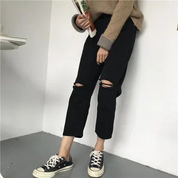 

Women Ripped pant Ropa Harajuku Jeans Wide leg Washed Holes Broken Denim ankle BF Denim Pants thick Cotton Mujer Girl Trousers