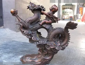 

Free shipping S02949 China Red Bronze Copper Feng Shui Lucky Nezha Boy God Ride On Fly Dragon Statue