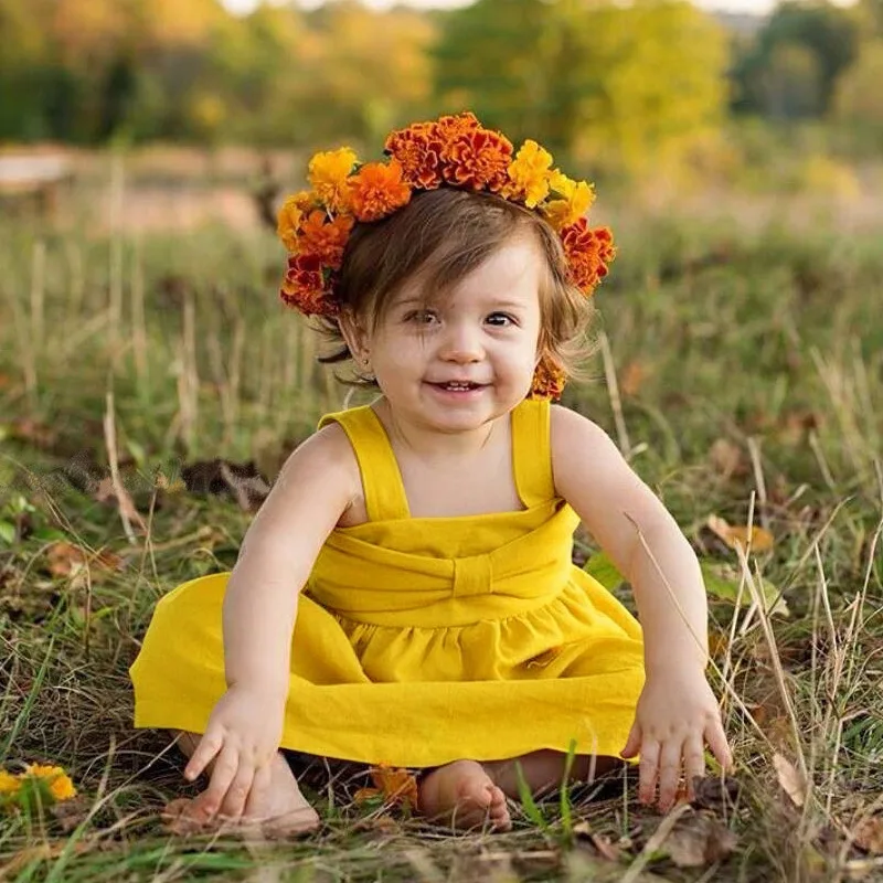 

Baby ins gilrs bowknot yellow dress children's condole backless dresses European and American cotton pleated princess dress