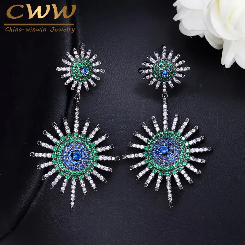 CWWZircons сверкающие звезды форма черный цвет микс зеленый синий CZ циркония камни большие длинные висячие серьги для женщин CZ028