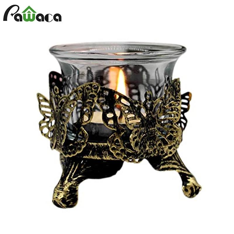 

Retro Iron Glass Candle Holder Cup Old Carved Hollow Candlestick Windproof Tea Light Candle Holder Party Dinner Home Decoration