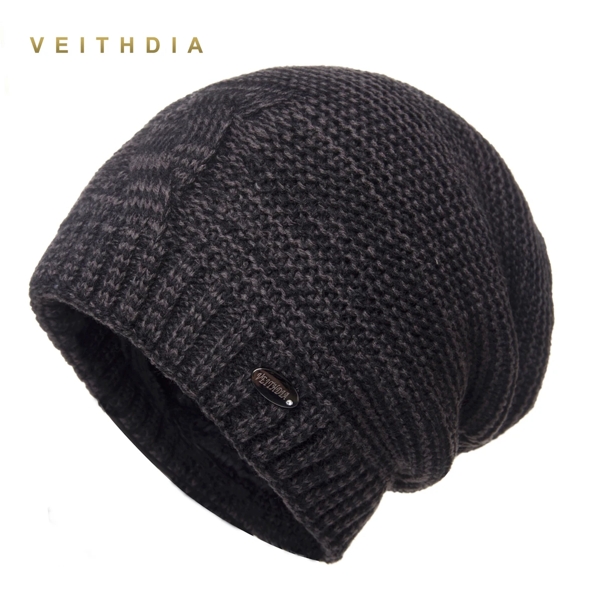 VEITHDIA Skullies шапки зимние для мужчин шапки вязаные плюс бархатные Лоскутные цветные шапки Мужская шапка s двухслойная Толстая теплая - Цвет: Черный