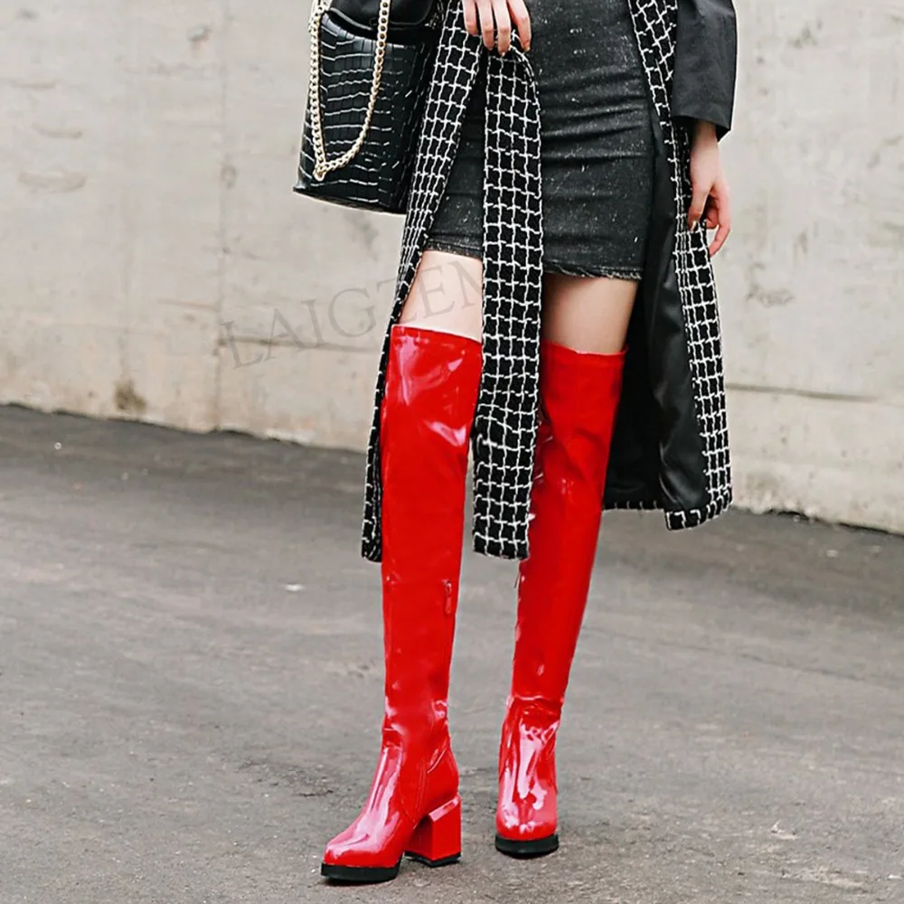 LAIGZEM Women Over-the-Knee Boots Faux Shiny Leather Mid Chunky Heels Ladies Club Dance Shoes Womam Botines Mujer Big Size 4-15 (3)