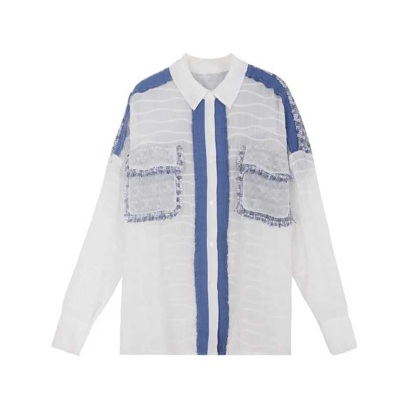 

[EWQ] Chiffon Pleated Stripe Stitching Loose Large Size Blouse Top Fashion Casual full sleeved Women Shirt 2019 Autumn New QK208