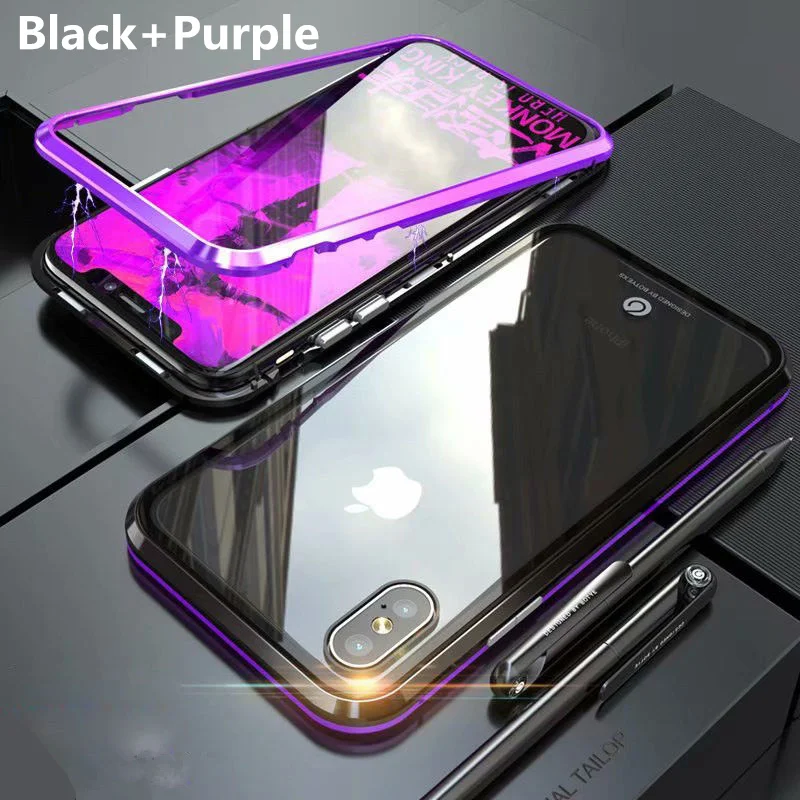 Black-Purple Магнитный адсорбционный чехол для iphone XS MAX X 8 6 Plus роскошный магнитный металлический бампер чехол для iphone XR 7 10 крышка прозрачное стекло - Цвет: Black-Purple