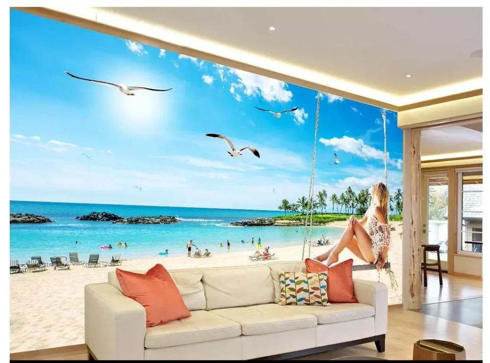 

Custom photo wallpaper for walls 3 d Mediterranean Sea scenery seaside beach tree beauty background wall decoration painting
