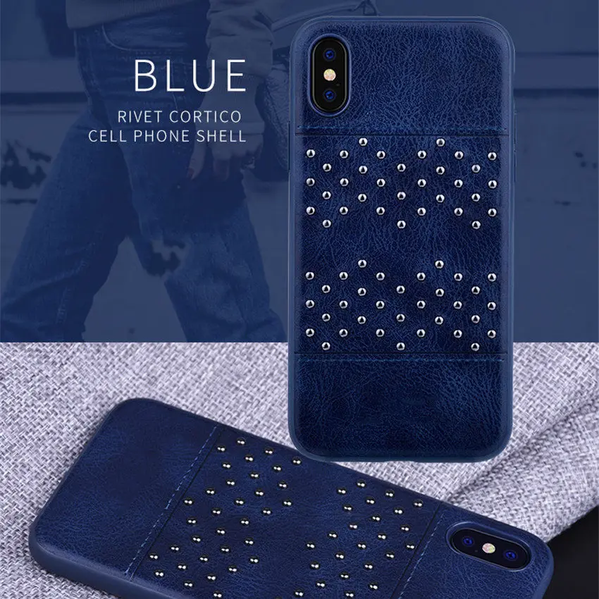 Роскошный чехол из натуральной кожи для телефона чехол для iPhone 6 7 8 Plus X с металлическими заклепками, нескользящая Мягкая задняя крышка из ТПУ для samsung s8/9 - Цвет: Blue